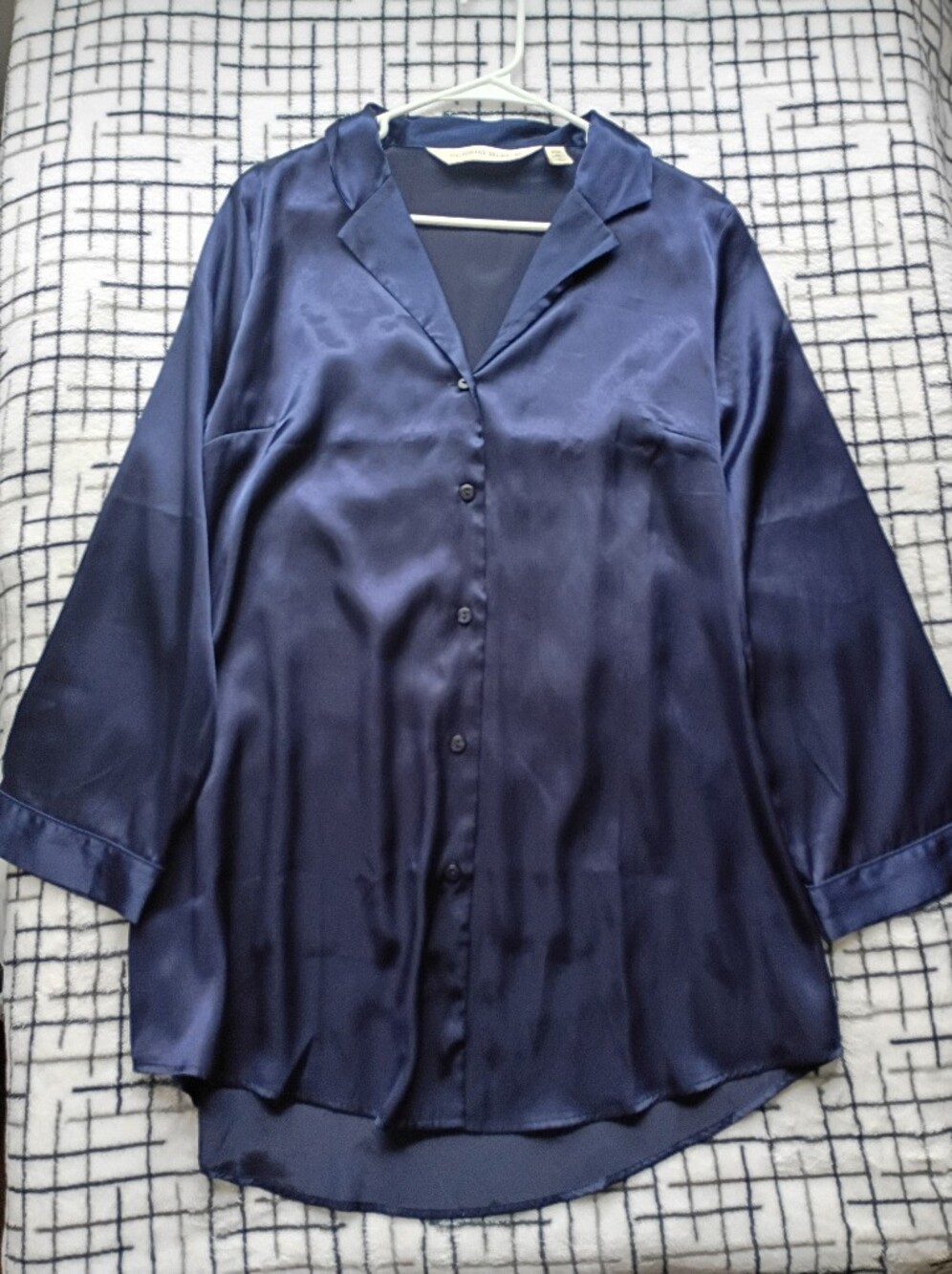 Victoria's Secret Size Medium Silky Navy Blue Button-Front Blouse Dress Pajamas